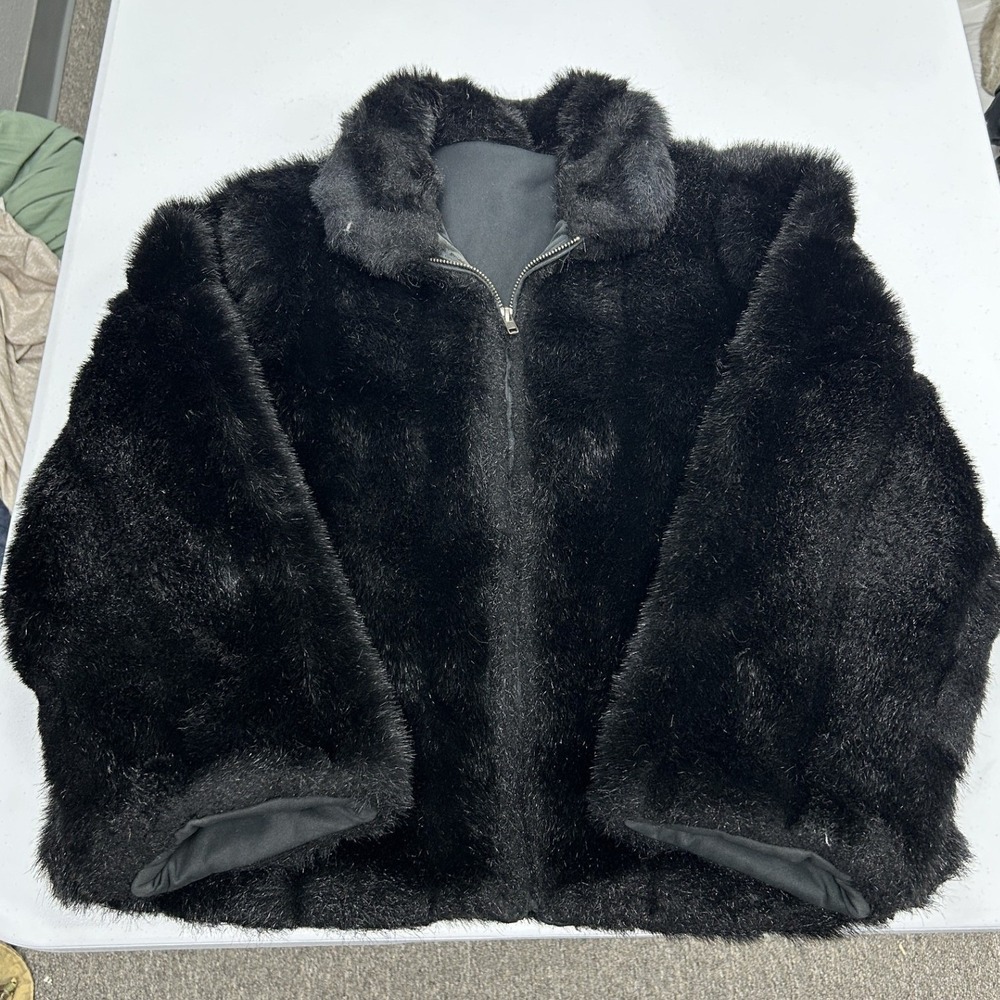 FU DA Faux Fur Jacket Womens S Black Full Zip Collared Plush Glam Coat
